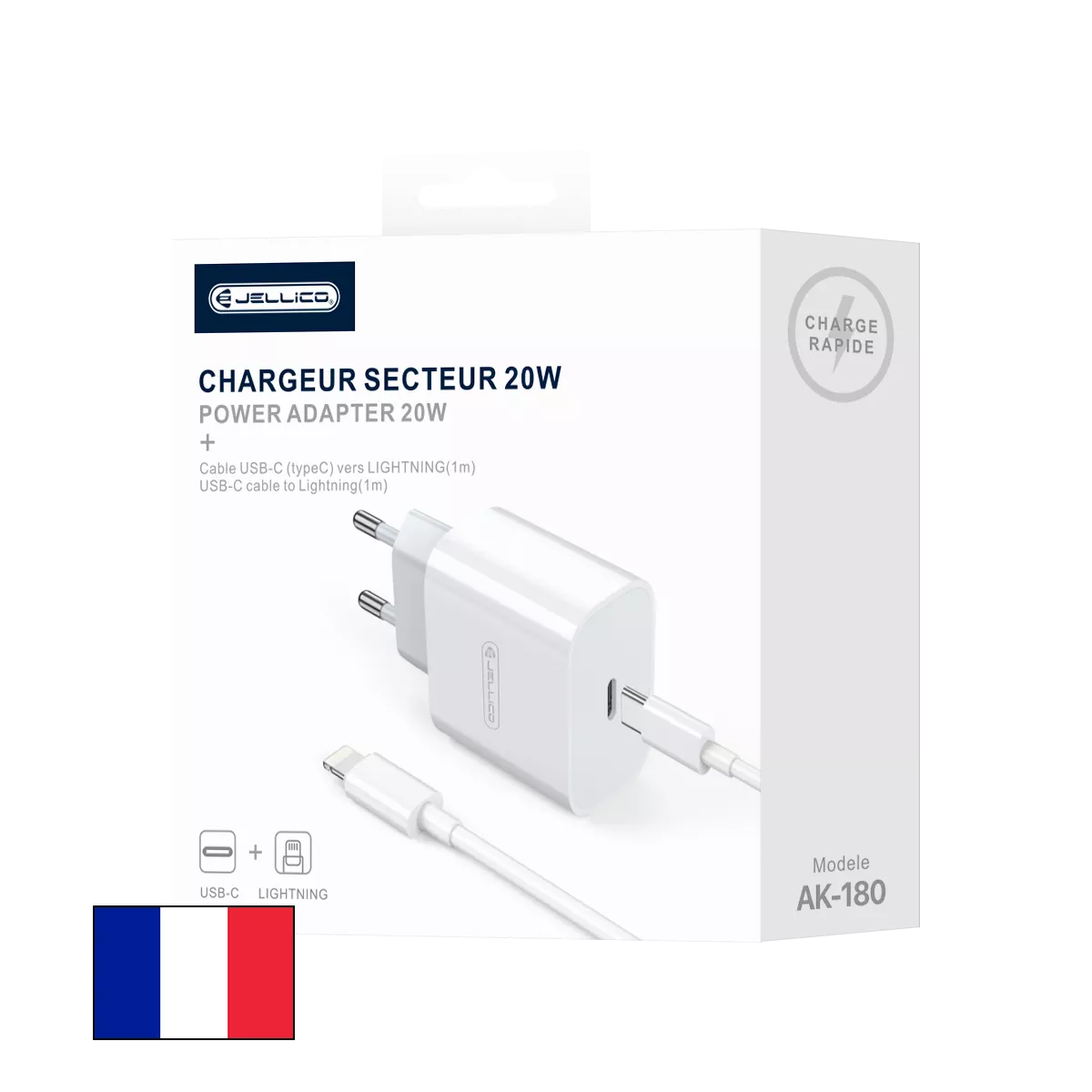 [AR0018036] Adaptateur secteur Usb-C avec cable Usb-C/Type C vers Lightning (20W) JELLICO