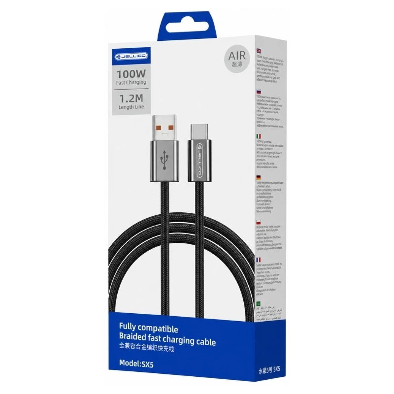[AR0028604] Cable Usb vers Usb-c/Type C (100W) 1.2 mètre JELLICO SX5 Noir