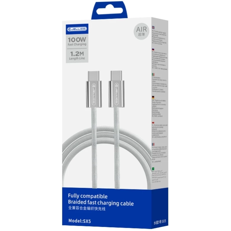 [AR0028606] Cable Usb-C vers Usb-c/Type C (100W) 1.2 mètre JELLICO SX5 Gris