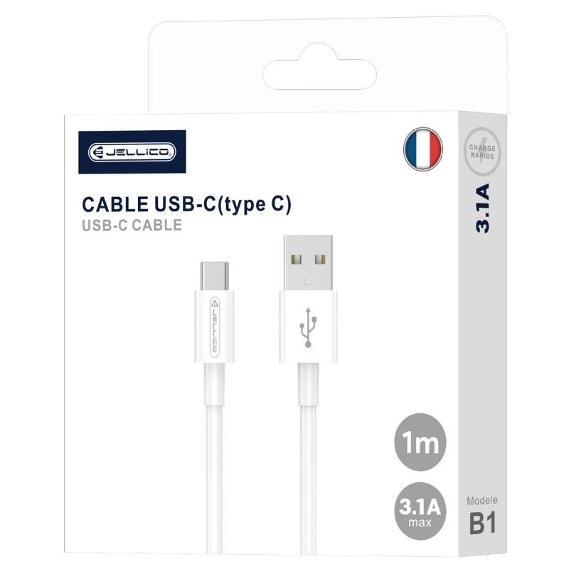 Cable Usb vers Usb-C/Type C (3.1 A) 1 mètre JELLICO B1 blanc