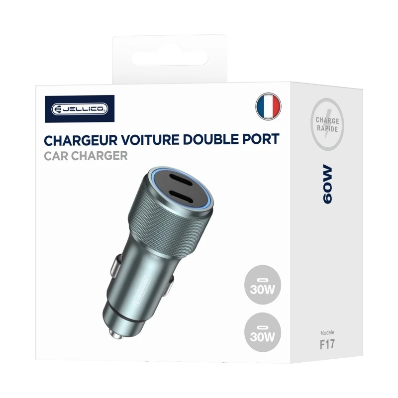 [AR0025232] Chargeur voiture double port Type C (60W) JELLICO F17 (Boite/blister) Noir